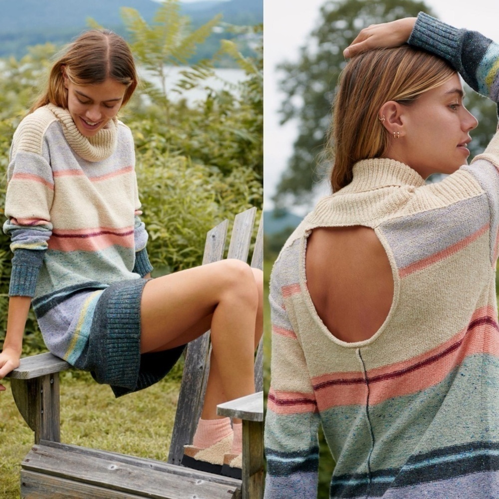 NWOT Anthropologie Turtleneck Sweater Dress Multicolor Stripe Beige Green - Picture 8 of 8